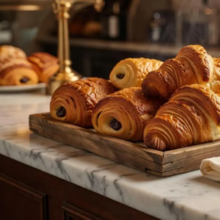 Plateau de croissants artisanaux sortant du four dans une pâtisserie parisienne.