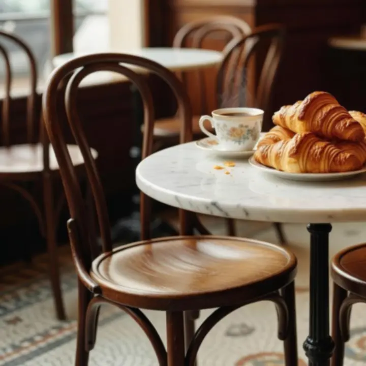 Chaises bistrot en bois courbé et croissants dorés sur une table de café parisien.