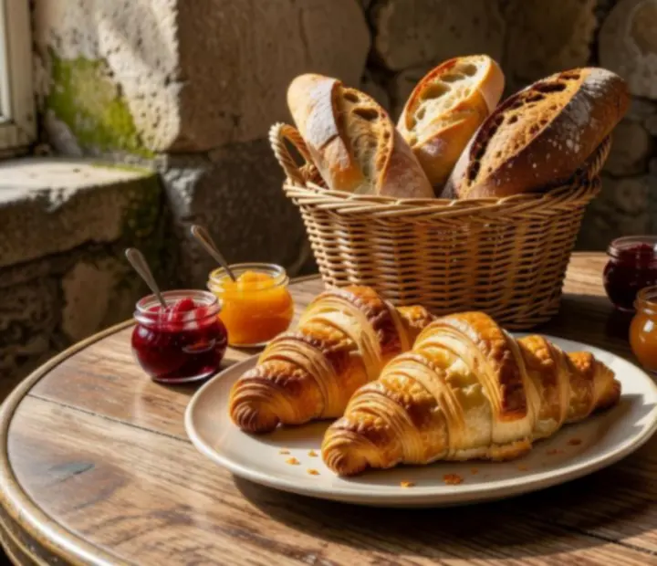 Table de brunch avec croissants dorés, brioches et lumière douce dans un bistro parisien.