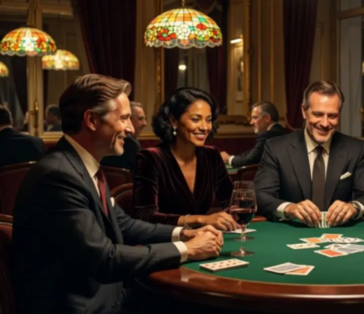 Invités autour d'une table de poker, cartes en main et verres de vin