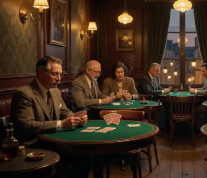 Salle de cartes feutrée avec tables de poker éclairées en soirée.