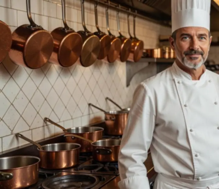 Portrait d'un chef dans une cuisine parisienne, en tenue blanche, devant un piano de cuisson.