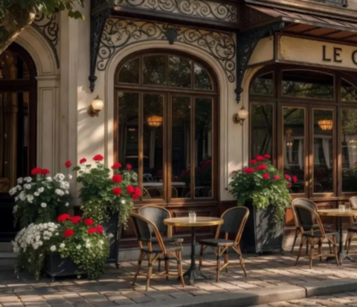 Façade historique d'un bistro parisien baigné de lumière.