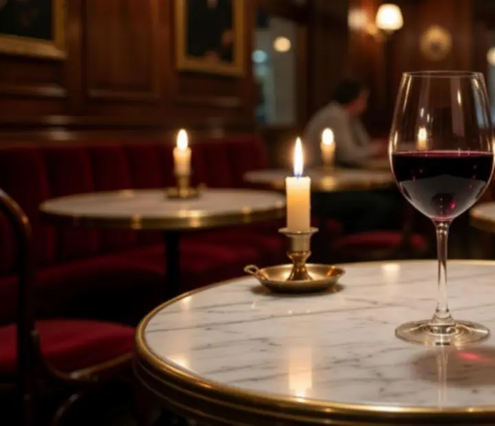 Verre de vin rouge français posé sur une table éclairée à la bougie