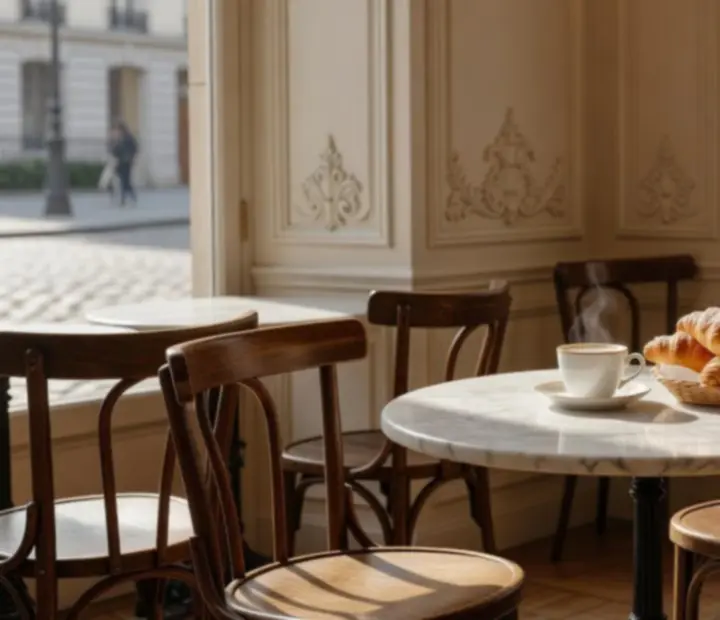 Fenêtre de bistro parisien baignée de soleil, tables en marbre et croissants frais.