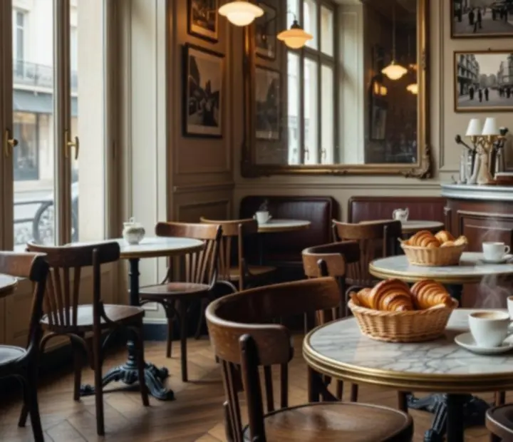 Salle principale d'un café parisien baignée de lumière du matin.