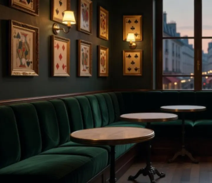 Banquettes en velours et tables en marbre sous une lumière dorée dans le lounge