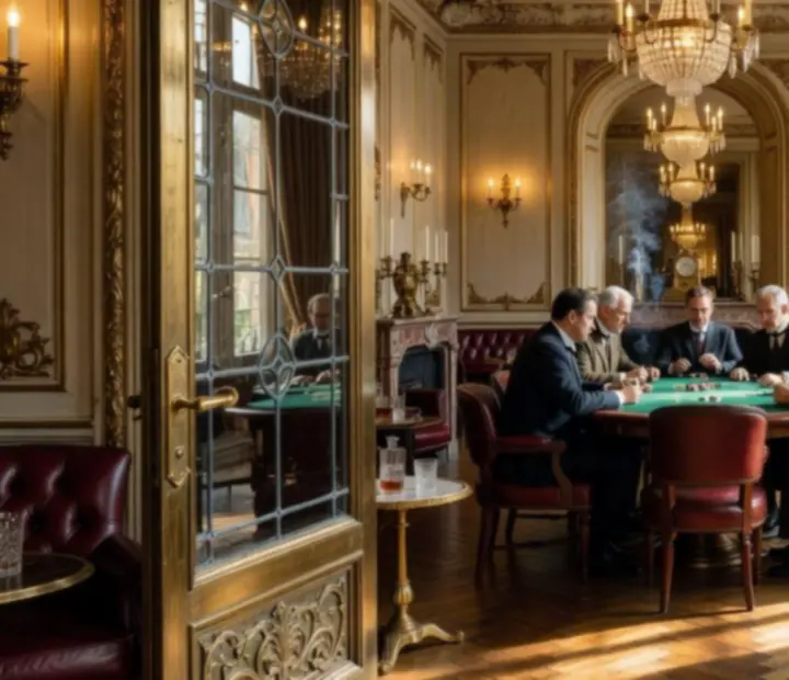 Entrée du lounge poker, porte en verre ornée et poignées en laiton