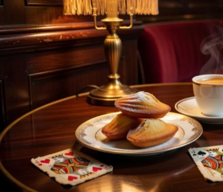Café parisien, madeleines et douceurs servies à côté d'un jeu de cartes