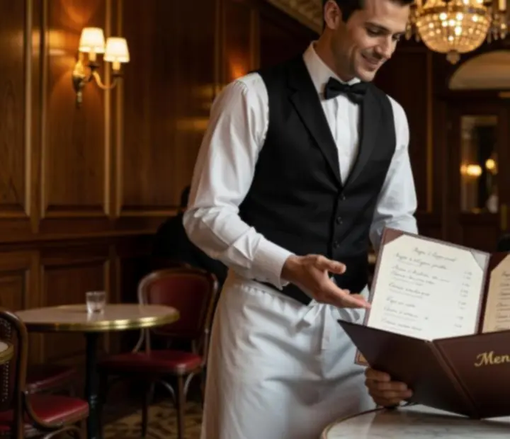 Serveur répondant aux questions d'un client au sujet du menu dans un bistro parisien