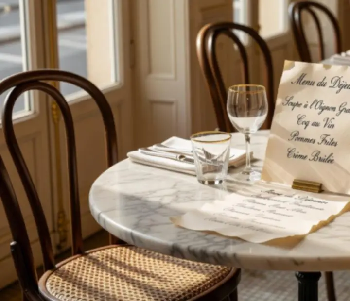 Table de bistro parisien ensoleillée dressée avec la carte et des croissants