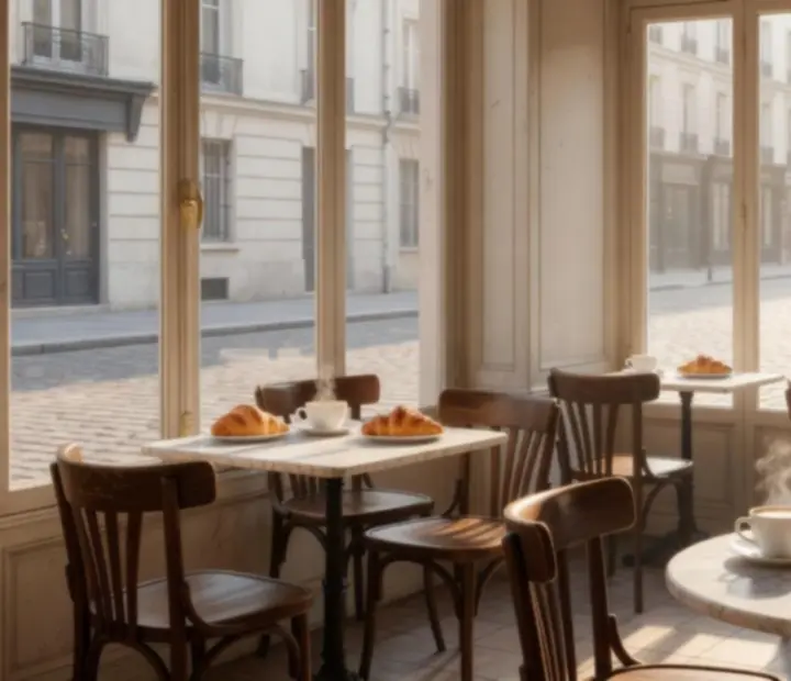 Lumi&egrave;re douce d'un bistro parisien avec chaises en bois et croissants sur table
