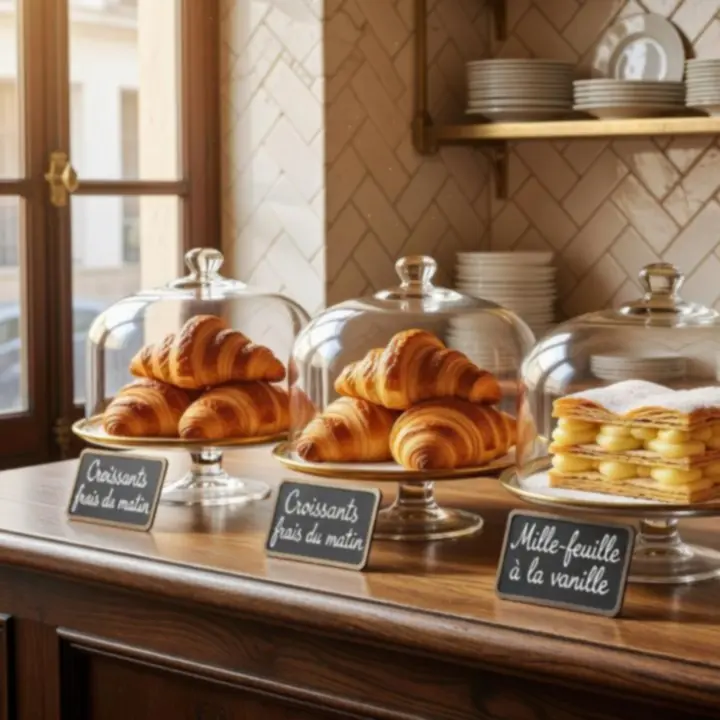 Sélection de pâtisseries et croissants sur un comptoir de café parisien