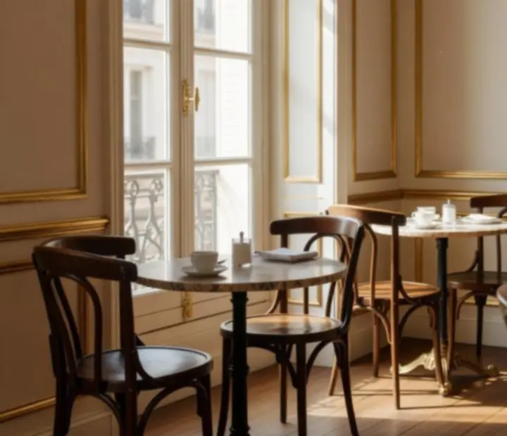 Salle lumineuse d'un bistro parisien avec chaises en bois et croissants frais sur les tables.