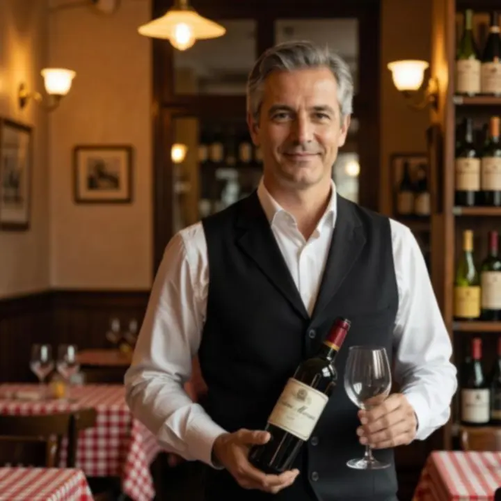 Sommelier parisien tenant un verre de vin dans un bistro