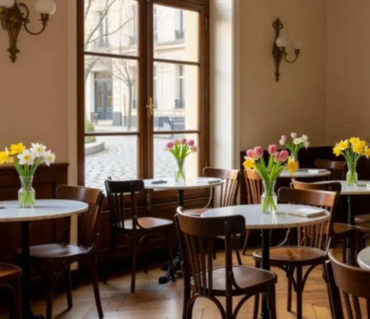 Lumière de printemps traversant la vitrine d'un bistro parisien avec chaises en bois courbé et croissants dorés.