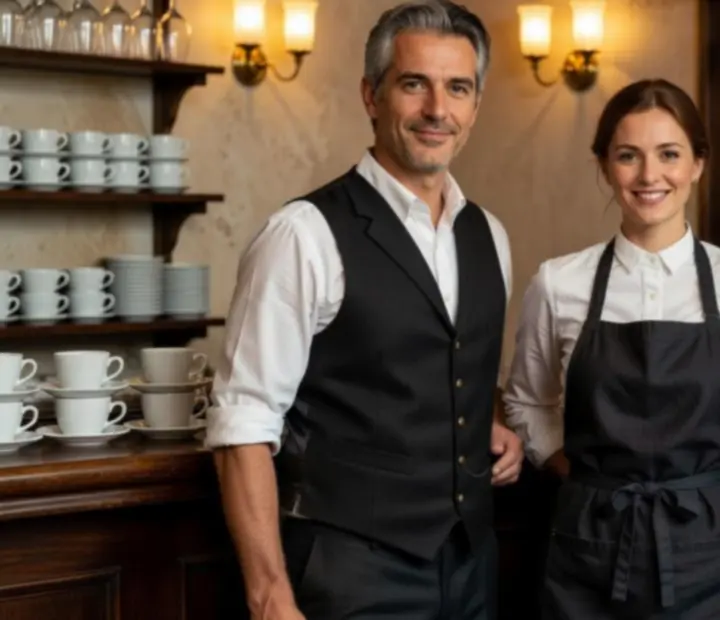 Équipe souriante de serveurs et d'hôtes dans un bistro parisien.