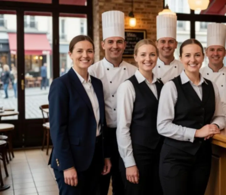 Équipe souriante d'un bistro parisien posant dans la salle.