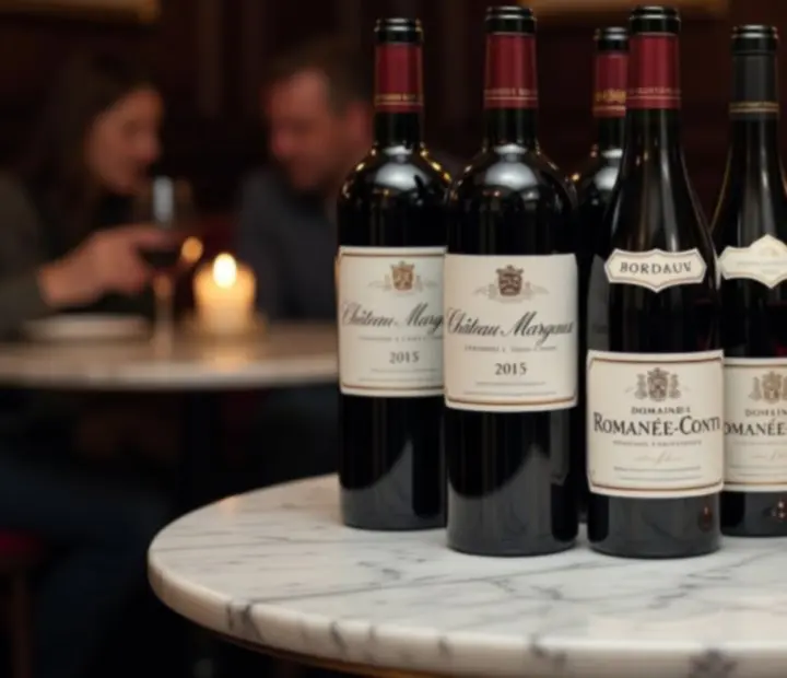 Bouteilles de vin françaises et verres sur une table de bistro