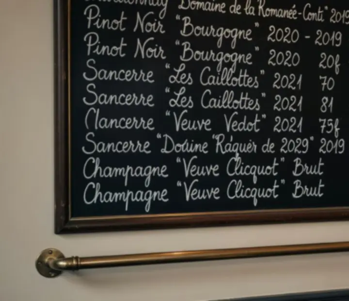 Ardoise de bar avec liste de vins écrite à la craie dans un bistro parisien.