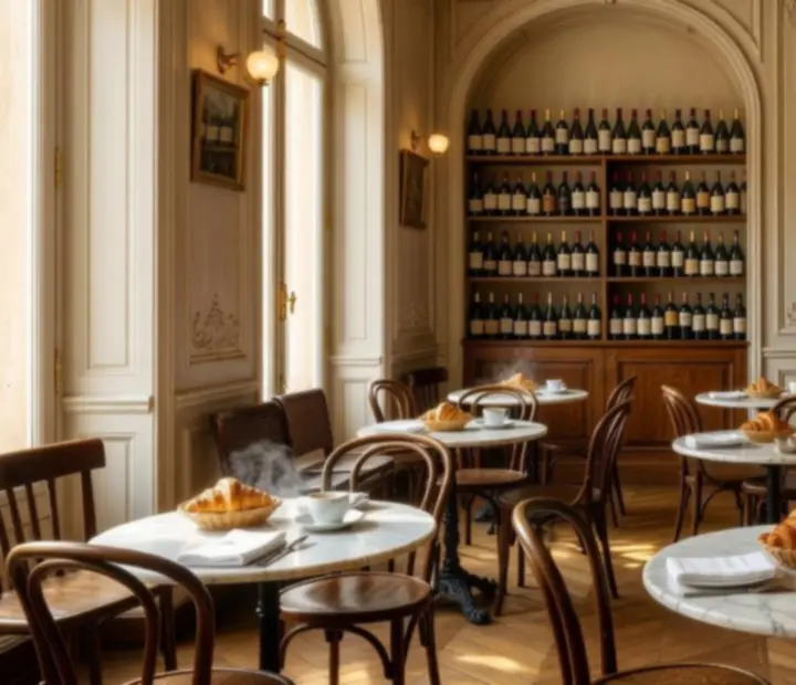 Salon de vin parisien baigné de lumière, tables en marbre et chaises bistrot